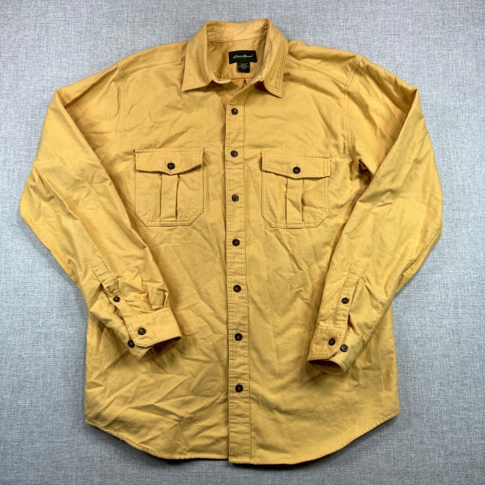 Eddie Bauer Yellow Chamois Cloth Flannel Shirt Men Large Tall Heavy Cotton